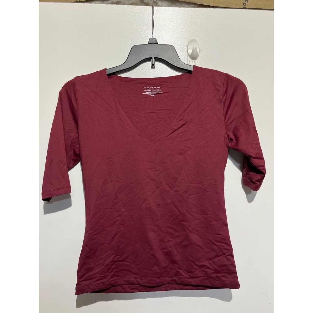 Tahari Modern Essentials Burgundy V-Neck Elbow Sleeve Stretch Top Size M